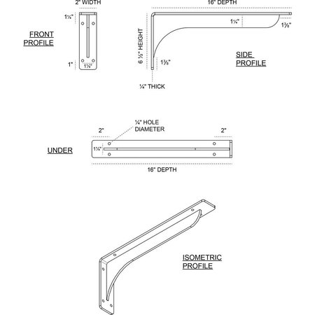 Ekena Millwork Embrey Steel Bracket, Hammered White 2"W x 16"D x 6 1/2"H BKTM02X16X06EBHWH